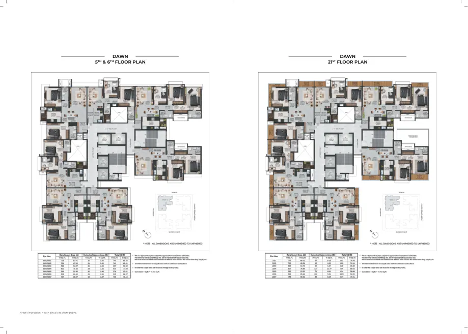 Dawn — 5th and 6th floor and 21st floor layouts