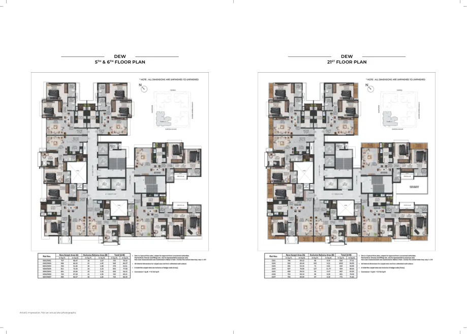 Dew — 5th and 6th floor and 21st floor layouts