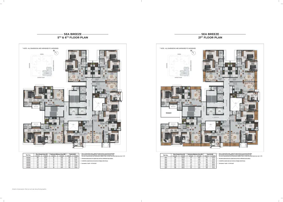 Sea Breeze — 5th and 6th floor and 21st floor layouts