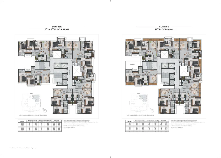 Sunrise — 5th and 6th floor and 21st floor layouts