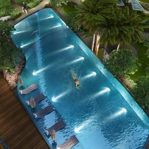 Outdoor swimming pool at The Views, shown in an official project image